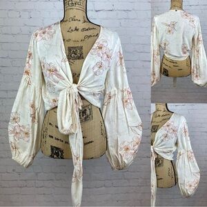 Billabong Floral Print Front Tie Balloon Sleeve Top